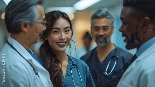 diversity in healthcare, various medical specialists, including a black female surgeon, a hispanic male nurse, and a south asian physician, discussing a treatment plan in a busy hospital corridor