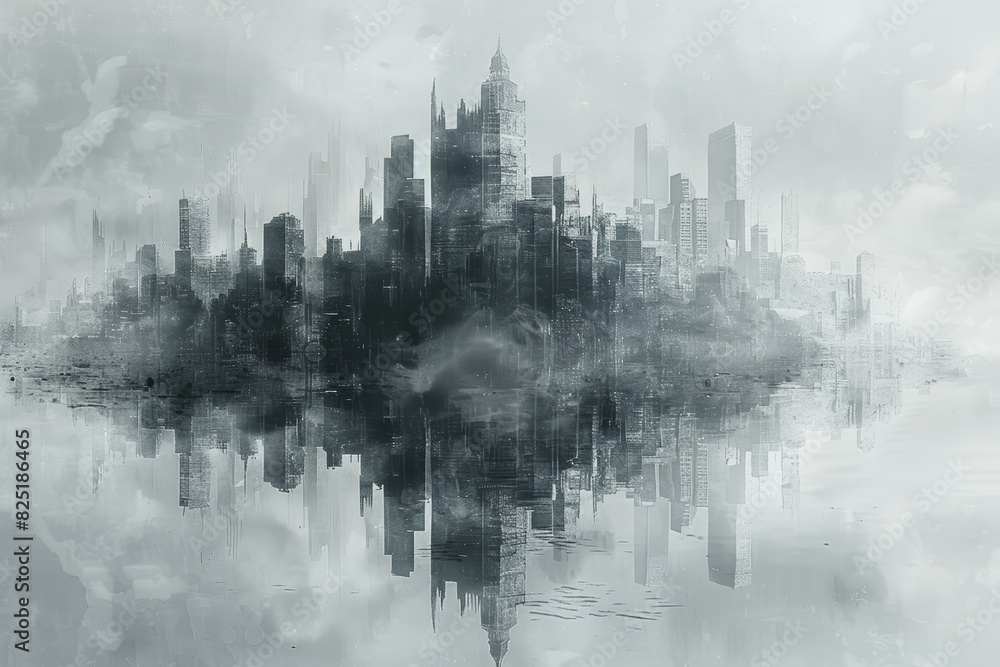 Surreal Urban Landscape with Futuristic Skyline Reflecting in Water and Mystical Atmosphere Surreal Urban Landscape with Futuristic Skyline Reflecting in Water and Mystical Atmosphere