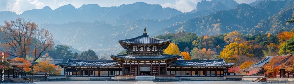 Peaceful contemplation in front of historic temples, set against a dramatic mountainous backdrop with autumn colors Peaceful contemplation in front of historic temples, set against a dramatic mountainous backdrop with autumn colors
