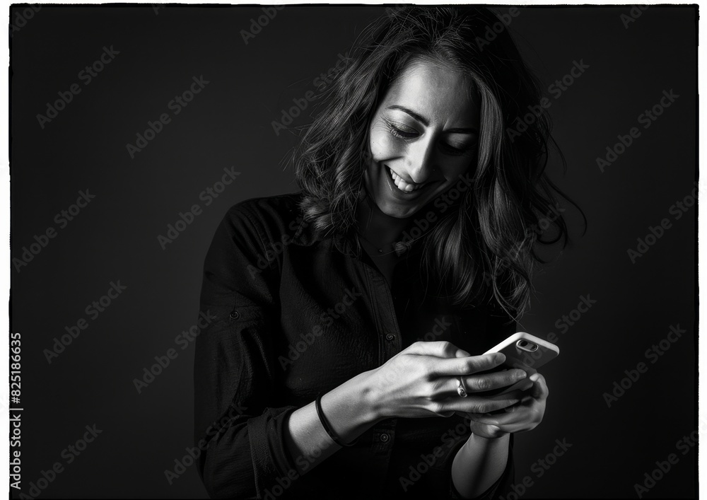 A young woman smiles as she looks at her cell phone, which has a black background, Happy woman using cell phone A young woman smiles as she looks at her cell phone, which has a black background, Happy woman using cell phone