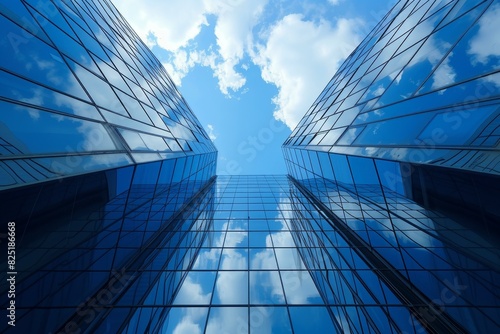 Looking up at towering skyscrapers with reflective glass  set against a vivid blue sky with clouds