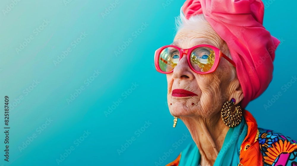 Design an editorial piece featuring an elderly woman in vibrant accessories Design an editorial piece featuring an elderly woman in vibrant accessories