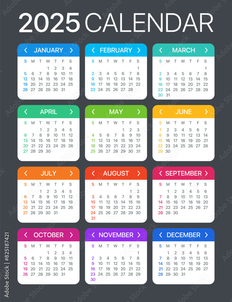 2025 Calendar - vector template graphic illustration - Sunday to Monday 2025 Calendar - vector template graphic illustration - Sunday to Monday