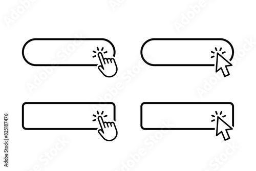 Click Here Button with hand or mouse cursor. Computer mouse cursor or hand pointer symbol. Modern action button