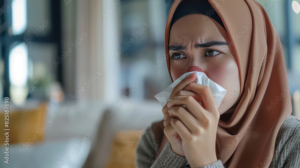 Muslim woman wearing a hijab veil headscarf is experiencing a cold by sneezing into a tissue. Unhealthy sick condition. Muslim woman wearing a hijab veil headscarf is experiencing a cold by sneezing into a tissue. Unhealthy sick condition.