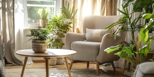 Stylish living room interior. Cozy corner of room for relaxation with gray armchair, wooden coffee table and lush indoor plants to purify the air.  photo