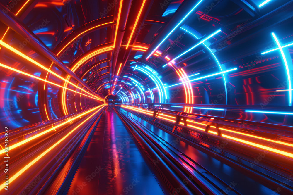 Futuristic Neon Tunnel with Vibrant Light Trails in Shiny Sci Fi Environment Futuristic Neon Tunnel with Vibrant Light Trails in Shiny Sci Fi Environment