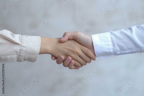 Close-up of a firm handshake between two professionals on a soft neutral backdrop