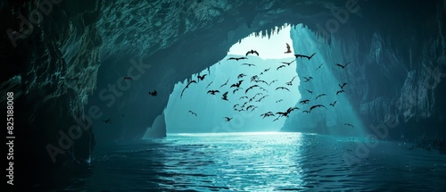 The dark cave is illuminated by the light coming from the opening. A group of bats is flying out of the cave. The water below is calm and still.