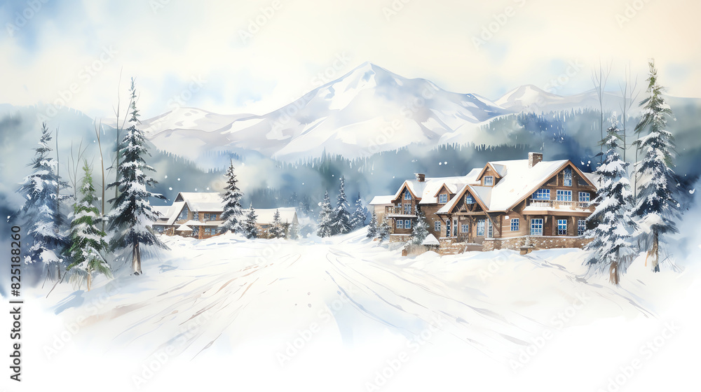 Naklejka premium Watercolor painting of a snowy mountain village with people cross country skiing.