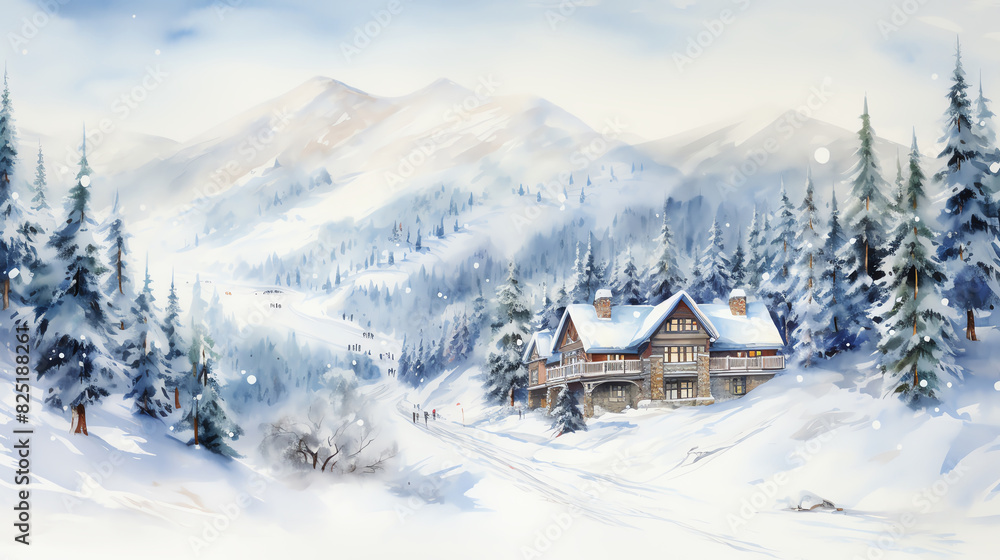 Winter wonderland scene with a cozy cabin in the snowy mountains.