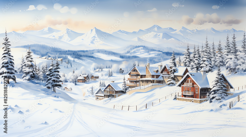 Snowy mountain village with skiers and snow-capped peaks in the background.