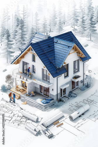Modern Winter Home Construction with Architectural Blueprint in Snowy Environment