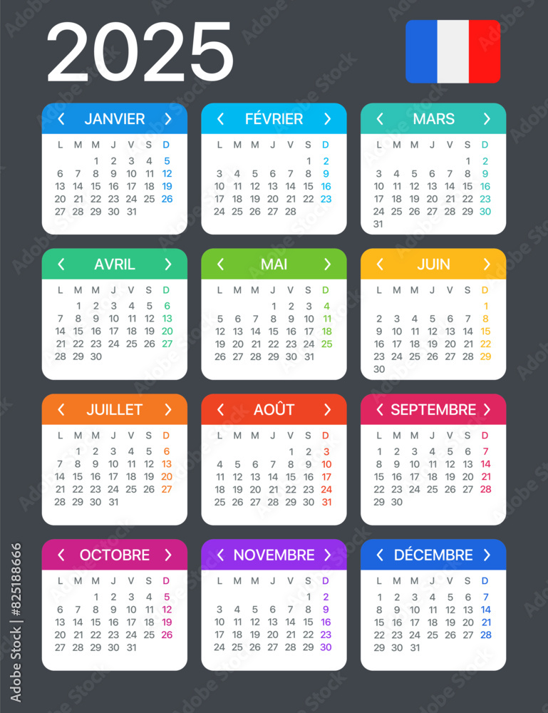 2025 Calendar - vector template graphic illustration - French version 2025 Calendar - vector template graphic illustration - French version