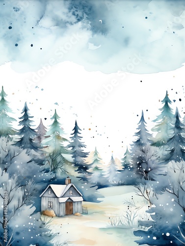 Watercolor painting of a cozy cabin in a snowy forest. © Amina