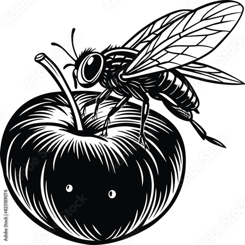 A fly craw linocut. Hand drawn sketch of fly. Retro realistic animal isolated. Vintage style. Doodle