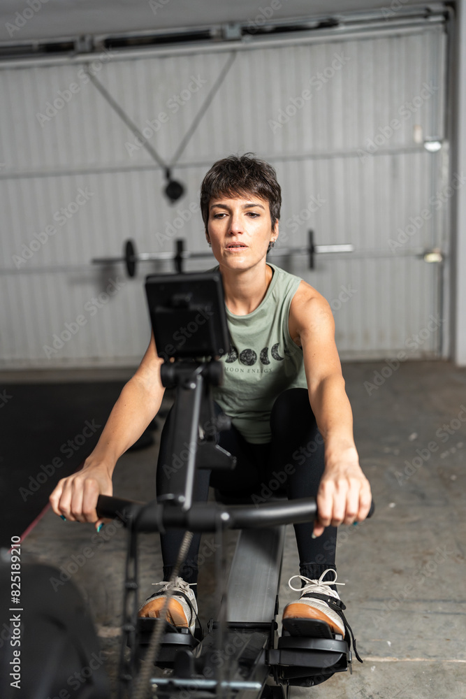 Woman Exercising on Rowing Machine in Home Gym Woman Exercising on Rowing Machine in Home Gym