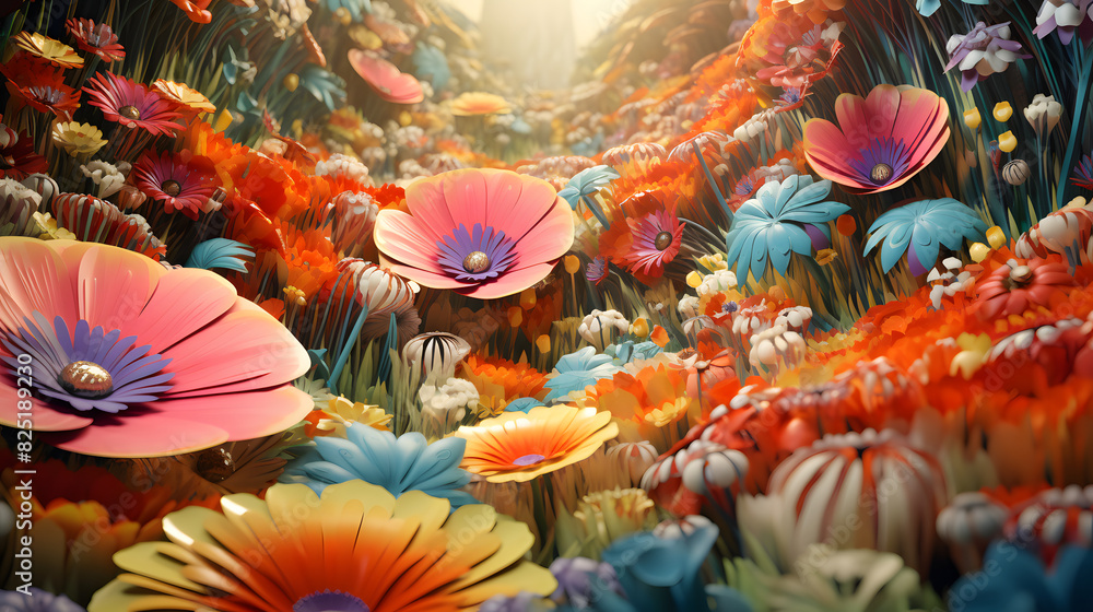 Naklejka premium Digital 3d psychedelic flowers and plants abstract background