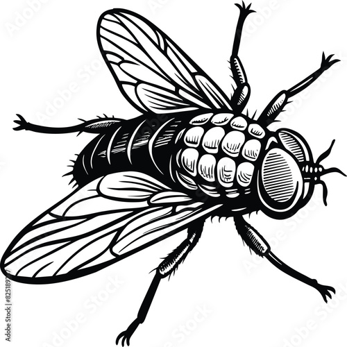 A fly craw linocut. Hand drawn sketch of fly. Retro realistic animal isolated. Vintage style. Doodle