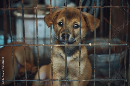 Stray homeless dog in animal shelter cage. Sad abandoned hungry dog behind old rusty grid of the cage in shelter for homeless animals. Dog adoption, rescue, help for pets
