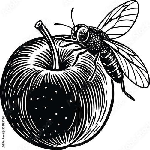 A fly craw linocut. Hand drawn sketch of fly. Retro realistic animal isolated. Vintage style. Doodle