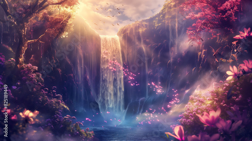 there is a waterfall in the middle of a forest with flowers photo