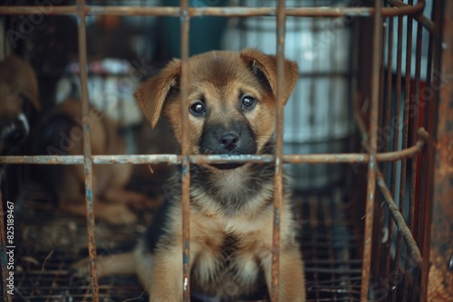 Stray homeless dog in animal shelter cage. Sad abandoned hungry dog behind old rusty grid of the cage in shelter for homeless animals. Dog adoption, rescue, help for pets photo