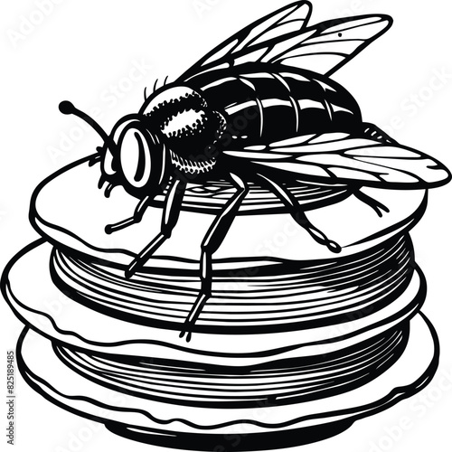 A fly craw linocut. Hand drawn sketch of fly. Retro realistic animal isolated. Vintage style. Doodle