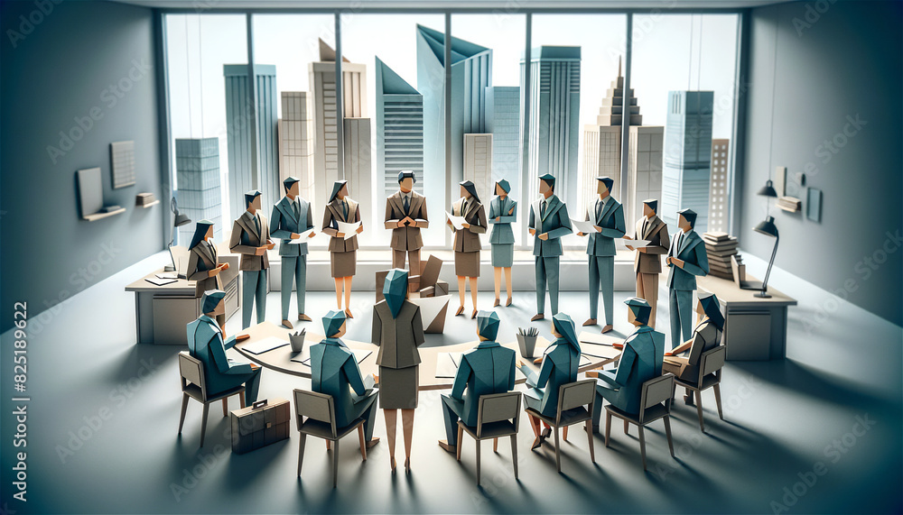 Obraz premium Origami Business Meeting – Artistic Paper Craft Figures in Formal Attire, Engaged in a Conference Room Discussion, Surrounded by Modern Office Environment with City Skyline View
