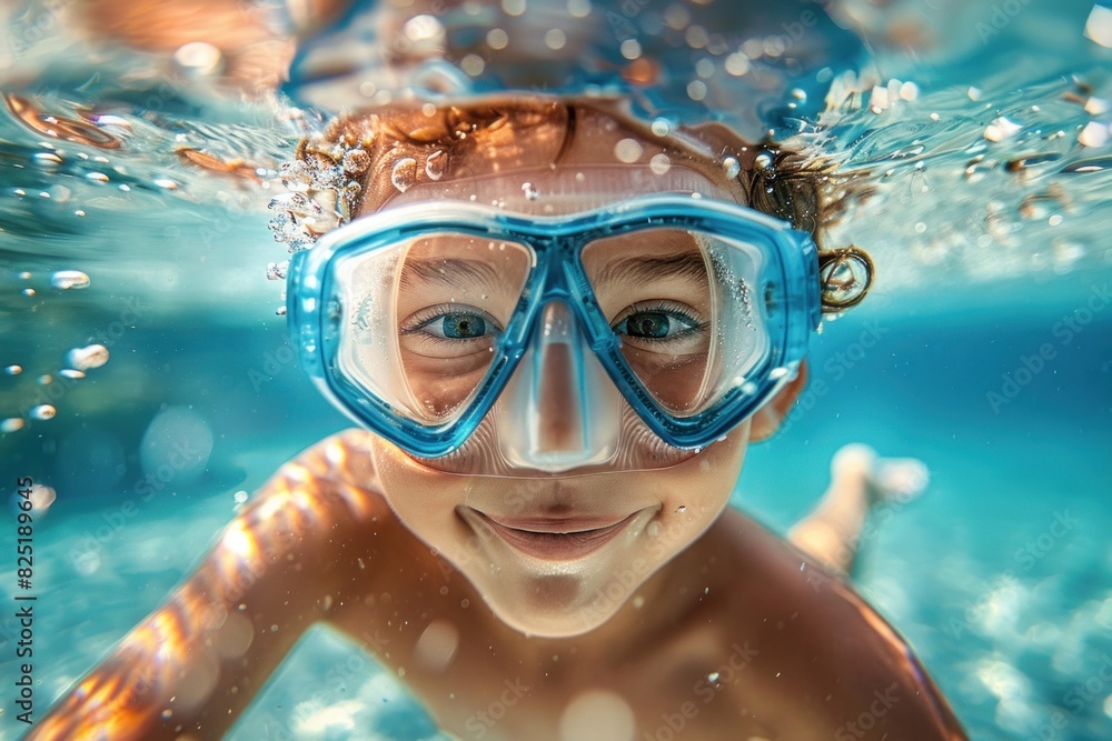 Joyful young child with blue goggles swims underwater in a pool, surrounded by clear blue water. The scene captures the joy and fun of summer water activities