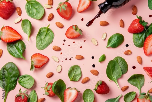 Fresh Salad Ingredients Featuring Baby Spinach, Strawberries, Almonds, and Balsamic Dressing on Pastel Pink Background - Ideal for Design, Print, or Poster