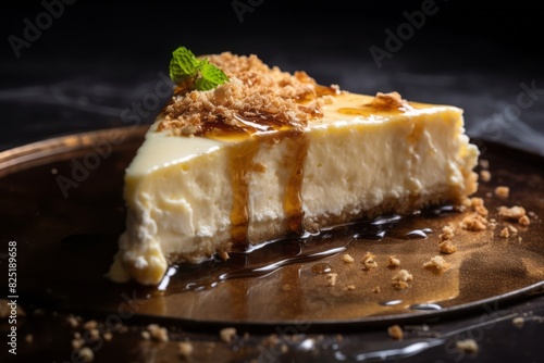 Delicious cheesecake on a rustic plate against an aluminum foil background