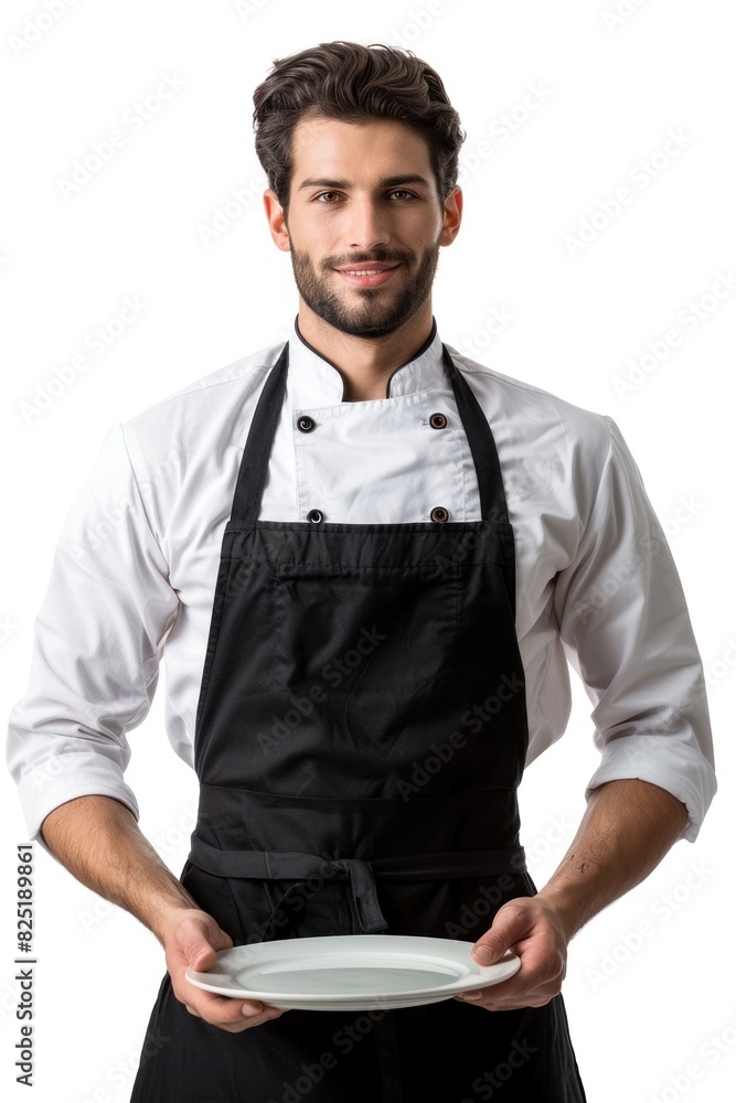 Happy chef ready to serve with an empty plate. Perfect for culinary arts and gastronomy concepts. The chef is isolated on a white background Happy chef ready to serve with an empty plate. Perfect for culinary arts and gastronomy concepts. The chef is isolated on a white background