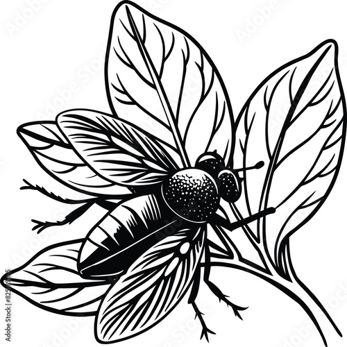 A fly craw linocut. Hand drawn sketch of fly. Retro realistic animal isolated. Vintage style. Doodle