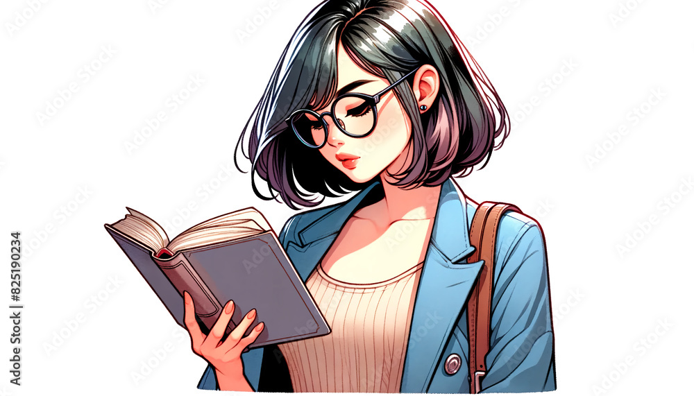 Japanese Woman Reading Book in Casual Clothes Japanese Woman Reading Book in Casual Clothes