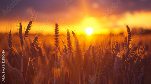 arafed wheat field with sun setting in the background