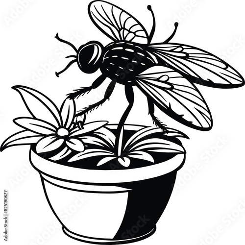 A fly craw linocut. Hand drawn sketch of fly. Retro realistic animal isolated. Vintage style. Doodle