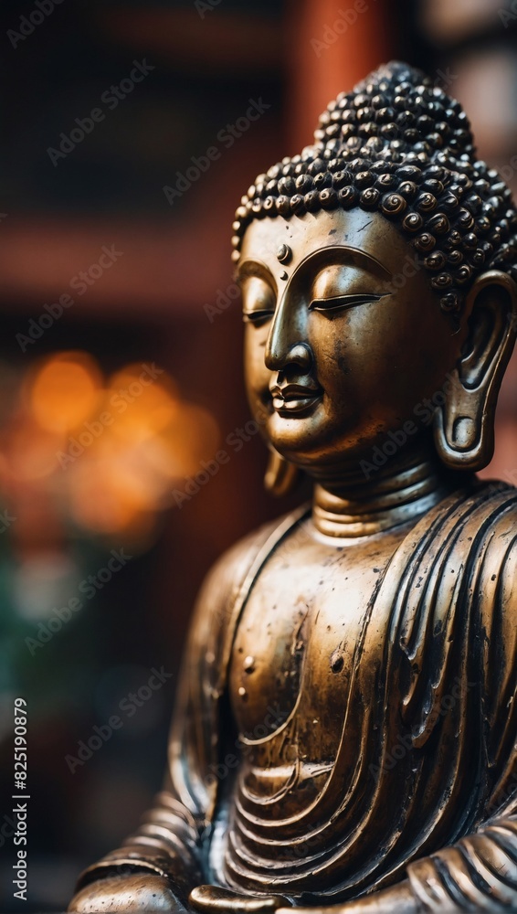 Blurred background behind Buddha statue in close-up.