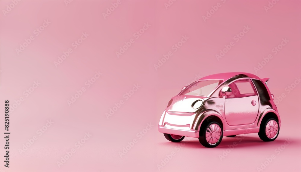 Shiny electric toy sedan on baby pink background with copy space Shiny electric toy sedan on baby pink background with copy space