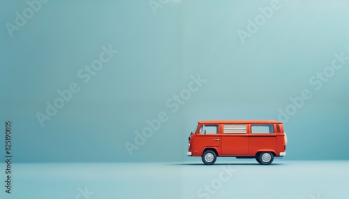 Miniature electric toy van on powder blue background with copy space