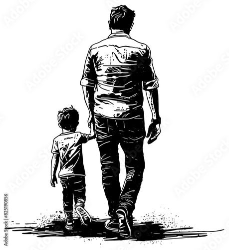 Illustration of a father and child holding hands while walking away, isolated 