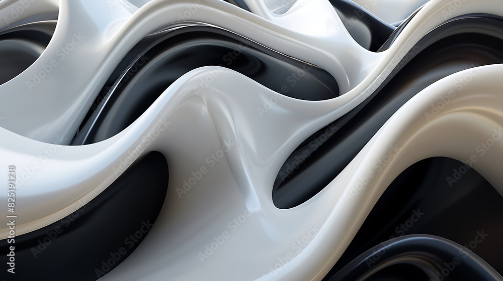 Black and white abstract 3D rendering. Futuristic wavy shapes. Modern background design.