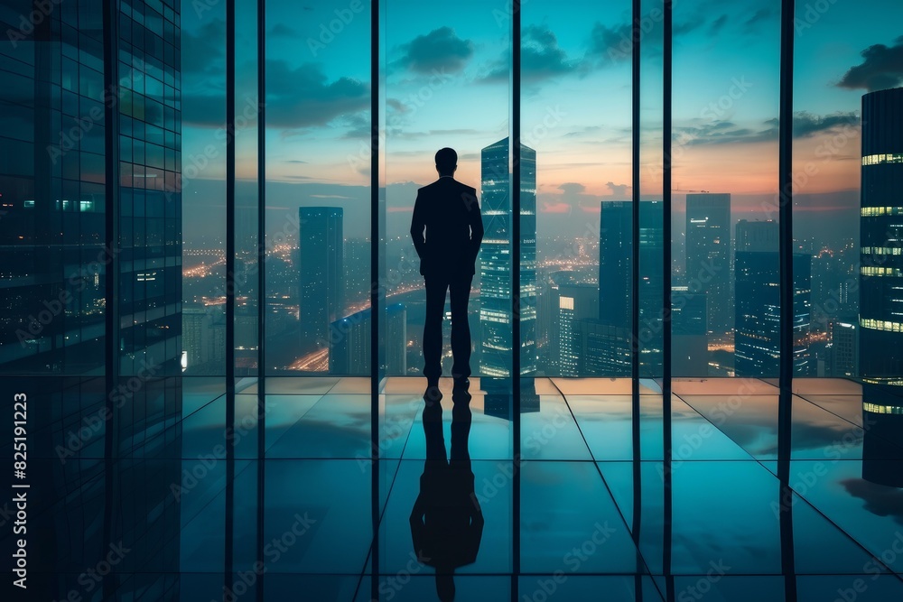 Silhouette of a man observing the city lights from a high-rise building at dusk