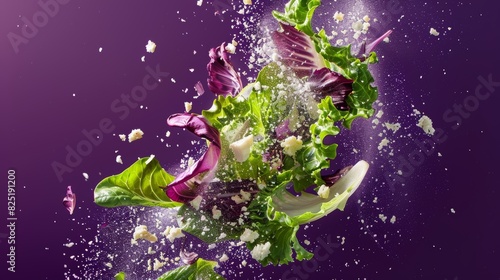 Luxurious Caesar Salad Ingredients Floating Against Purple Background for Design, Print, Card, and Poster