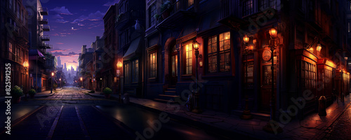 nighttime scene of a street with a bench and buildings