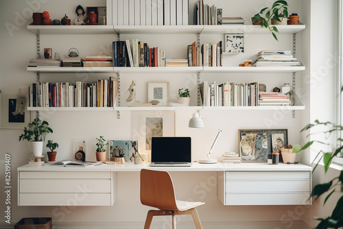 An airy home office setup with a light-hued desk, a simple chair, and floating shelves exhibiting a collection of vivid books and artistic decor. photo