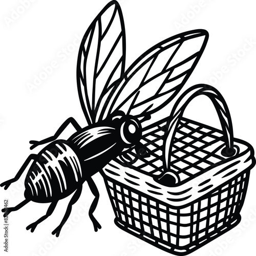 A fly craw linocut. Hand drawn sketch of fly. Retro realistic animal isolated. Vintage style. Doodle