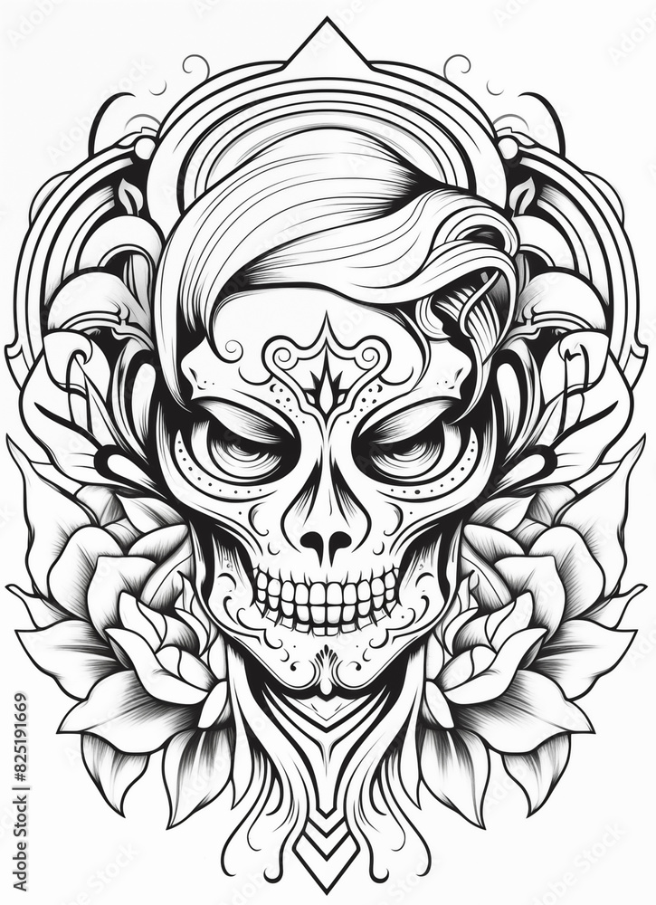 a skull with a flower and a womans face in the background