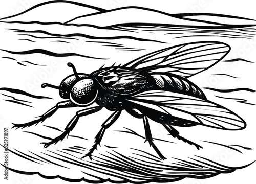 A fly craw linocut. Hand drawn sketch of fly. Retro realistic animal isolated. Vintage style. Doodle