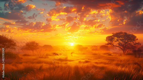 Sunlit dawn over the African savannah.